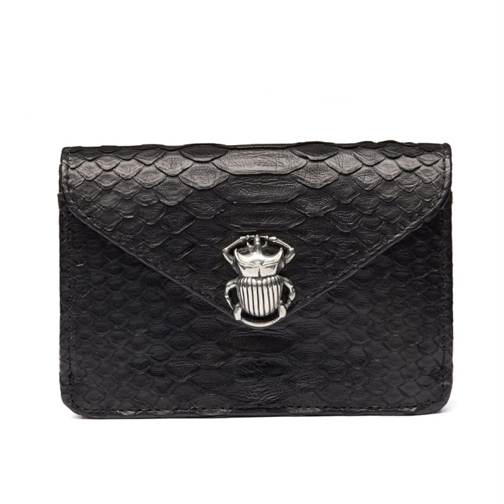 PORTE CARTE ALEX NOIR/SCARABEE  PYTHON ARGENT CLARIS VIROT